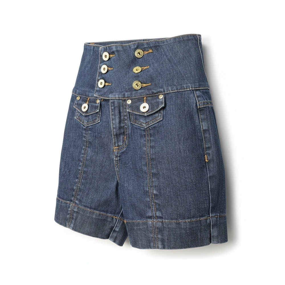 ZD Denim Shorts Womens Blue High‎ Waisted Sailor Button Front Ramie Cotton Blend